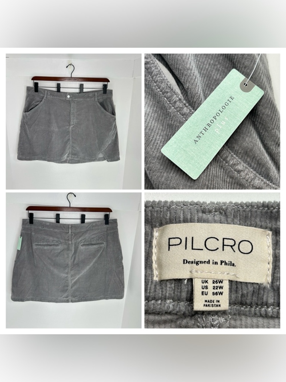 Pilcro Anthropologie NWT Gray Corduroy Skirt Womens 22W Plus Size Retro Hippie